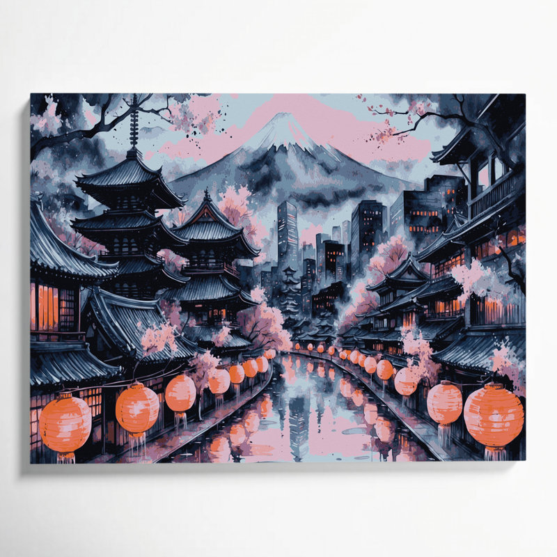 Art mural sur toile avec villes grises, Japon, H 24 po x l 36 po