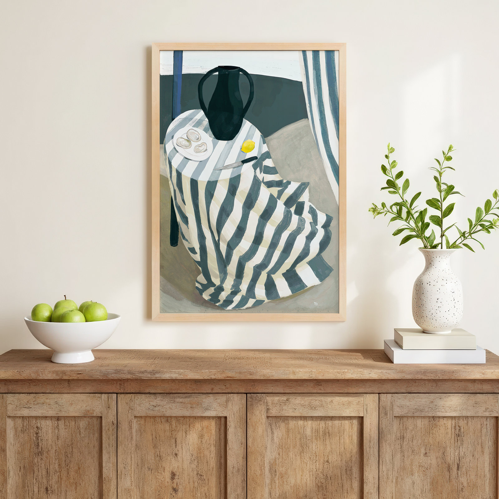 Oysters At The Beach by Marco Marella For Studio M, 14" W x 20" H, Maple Framed Paper