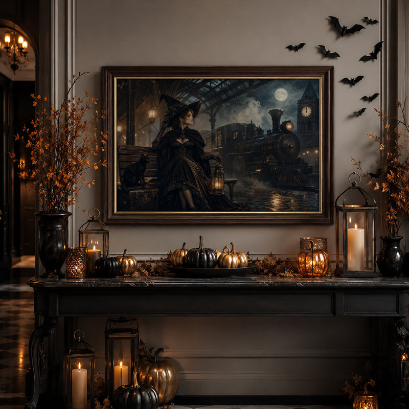 Femme sorcière gothique à la gare de train à vapeur au clair de lune - Toile murale d'Halloween, 12"H x 18"W