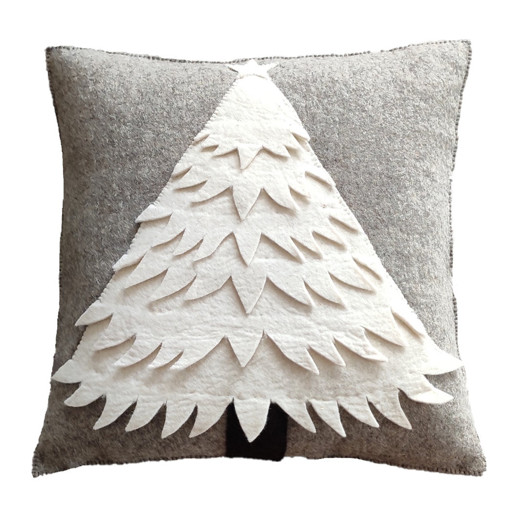 Hand Felted Wool Christmas Pillow Cover - Cream Tree on Gray - 20" Arcadia Home