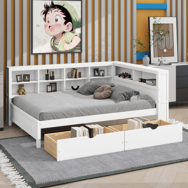 Lit de jour en bois double avec 2 tiroirs, tablette de rangement et ports de chargement USB