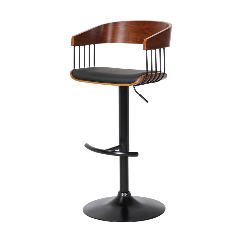 Fouke Adjustable Height Swivel Bar Stool with Pedestal Base in Faux Leather and Metal, Walnut/Black, Black