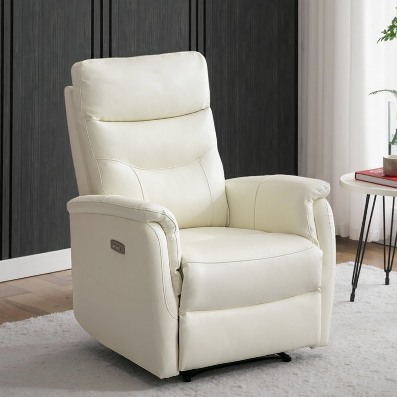 Casimier 31.5" W Genuine Leather Power Recliner with USB Port, Ivory Genuine Leather