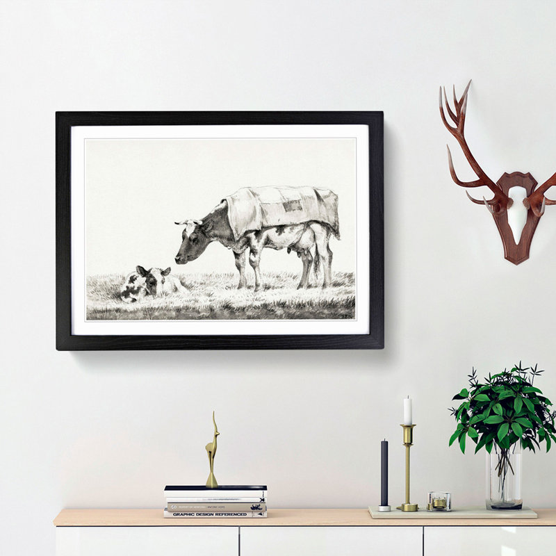 Cow with its Calf by Jean Bernard - Picture Frame Drawing Print, 48cm H x 65cm W x 2cm D, Black Framed