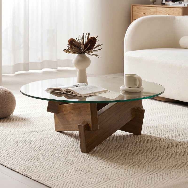 Modern Glass Coffee Table with Solid Wood Base Mid-Century Small Coffee Table for Living Room