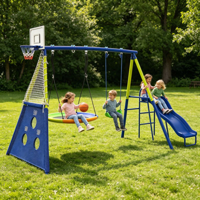 5-in-1 Metal Swing Set for Backyard, Kids Outdoor Playground Playset with Slide, Saucer & Single Belt Swings, Basketball Hoop + Soccer Goal, Heavy Duty A-Frame for Ages 3–10