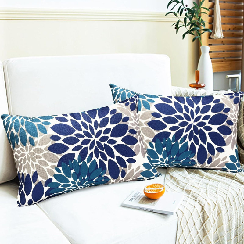 Ensemble de 2 coussins décoratifs en velours pour le salon, le canapé-lit et la housse de coussin carré, Motif floral bleu