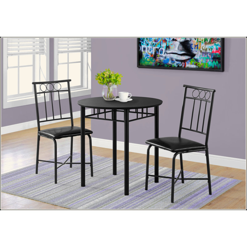 Ensemble de table de salle à manger, ensemble de 3 pièces, petit, rond 30 po, cuisine, métal noir et stratifié, aspect cuir, contemporain, moderne