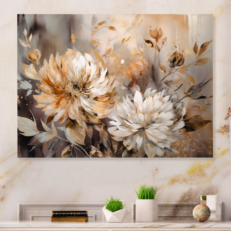 Or blanc, art du chrysanthème, reproduction sur cadre non encadrée, H 12 po x l 20 po x P 1 po