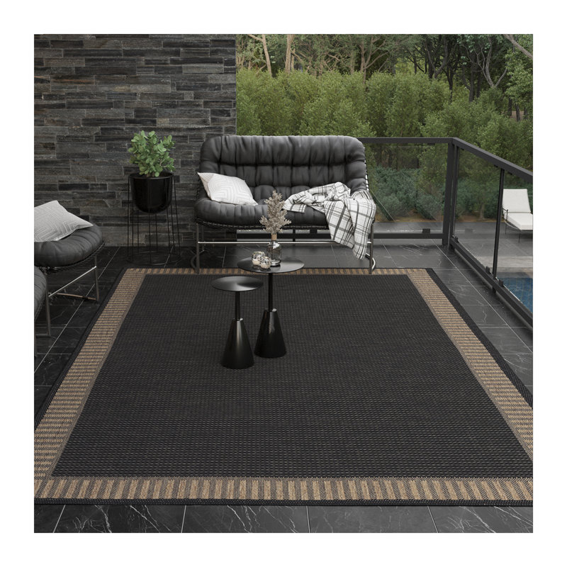 Fierce Vimini Black Brown Striped Border Indoor Outdoor Area Rug, Rectangle 8'6" x 13'