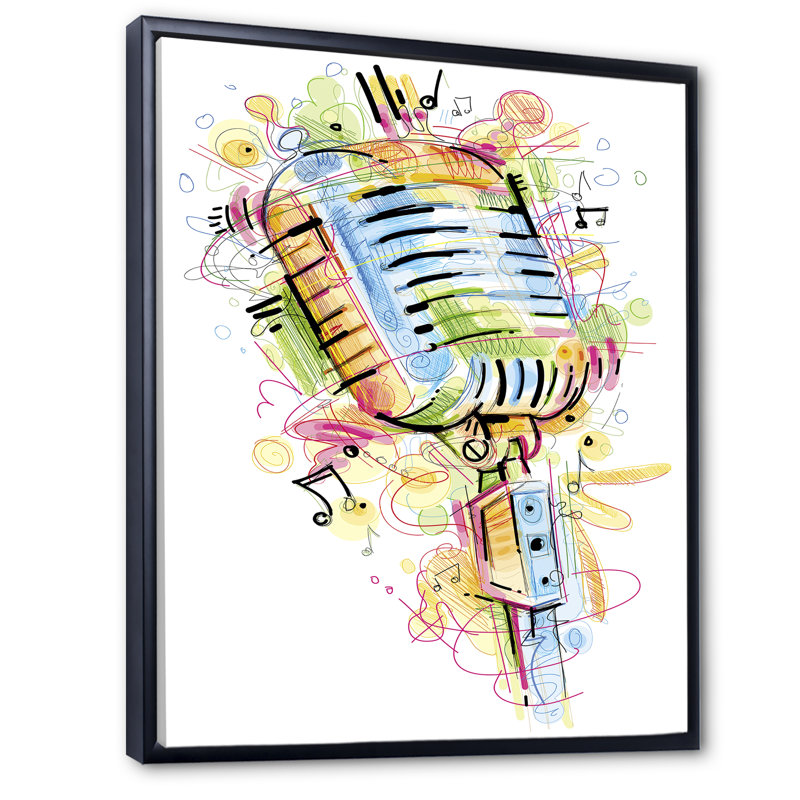 Microphone musical, dessin abstrait - peinture, H 32 po x l 16 po x P 1 po, Cadre flottant noir