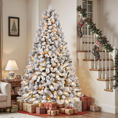 Sapin de Noël artificiel de 2,13 m (7 pi) préilluminé, recouvert de neige floquée, avec 300 lumières blanc chaud et un support métallique pliable