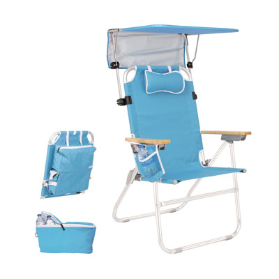 Chaise de plage haute et robuste avec abat-jour pour adultes, 17 po de hauteur hors sol, inclinable à 4 positions, glacière isolée et pochette de rangement, accoudoirs à finition bambou, capacité de 300 lb