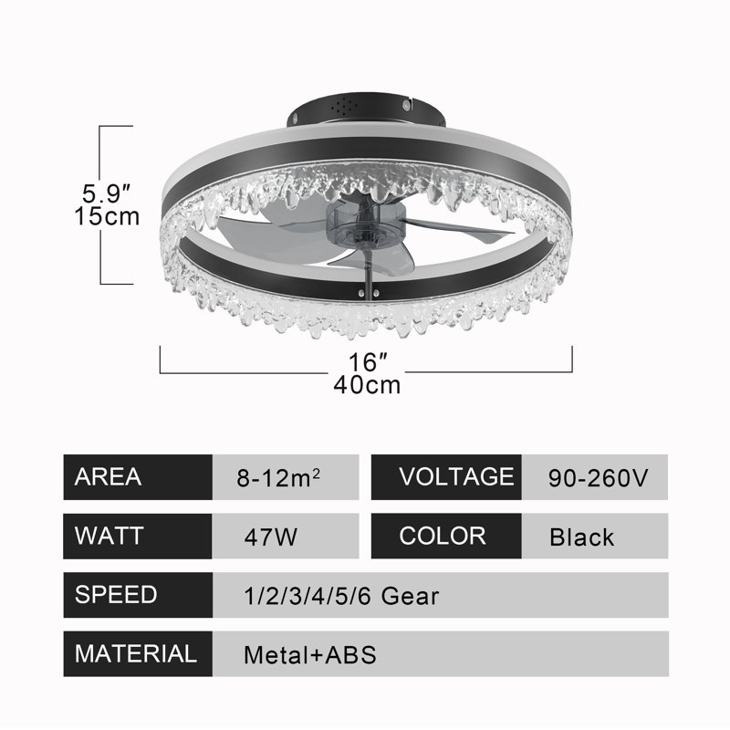 16" Modern Black Ceiling Fan with Up Down Light & APP Remote Dimmable Ice Cone Flush Mount Fandelier, 16" Wide