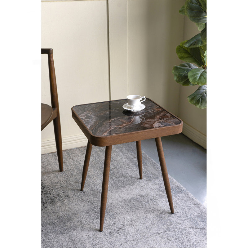 Table d'appoint carrée 17,3 x 17,3 x 18 po avec plateau en verre, motif marbré et pieds en fer doré