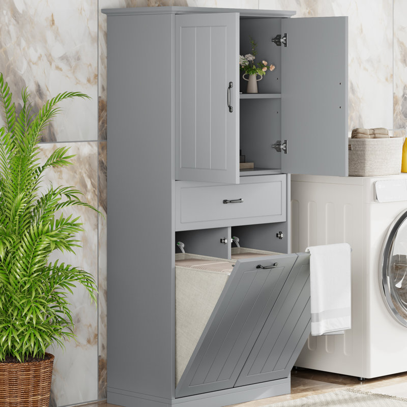 Rangement de salle de bain gris, armoire avec 2 tablettes peintes, réglables, basculantes, portes et tiroir pour la maison