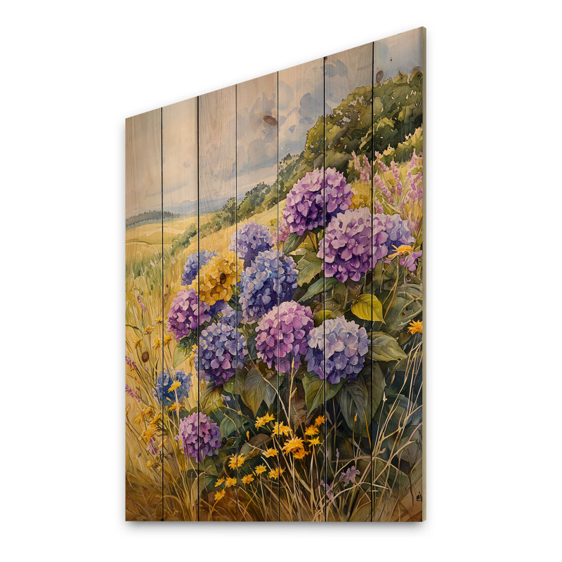 Hortensias et fleurs sauvages de style campagnard III - impression d'hortensias sur bois de pin naturel