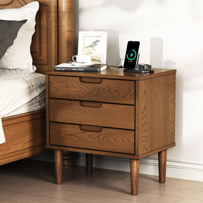 Table de chevet 3 tiroirs en bois massif avec rangement, 2 prises de courant, 1 port USB et 1 port de type C