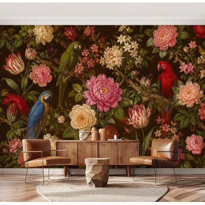 Wall Mural Peel and Stick Colorful Parrots Flowers Vintage Botanical Blooming Flowers Large Wallpaper Self-Adhesive Removable Contact Paper Wall Decor for Living Room Bedroom Nursery 69"H x 96"W