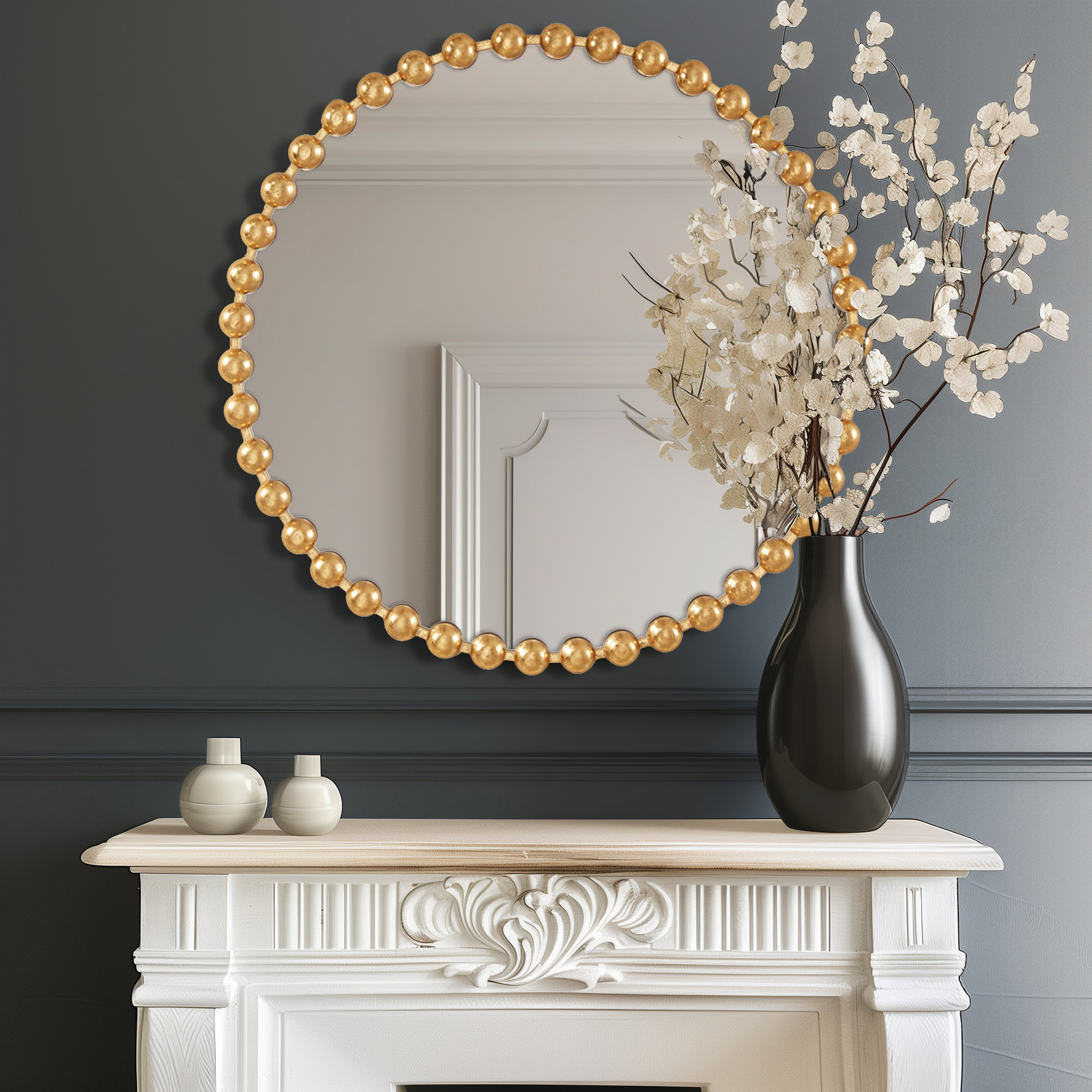 Marlowe Beaded Round Metal Wall Mirror, 36" x 36", Gold