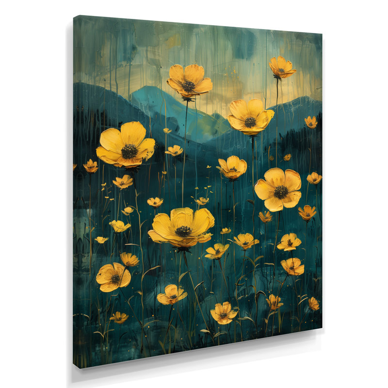Reproduction d'art jaune jaune et bleu, «Buttercups Meadow IV» - Bouton d'or, Toile tendue, H 44 po x l 34 po x P 1,5 po
