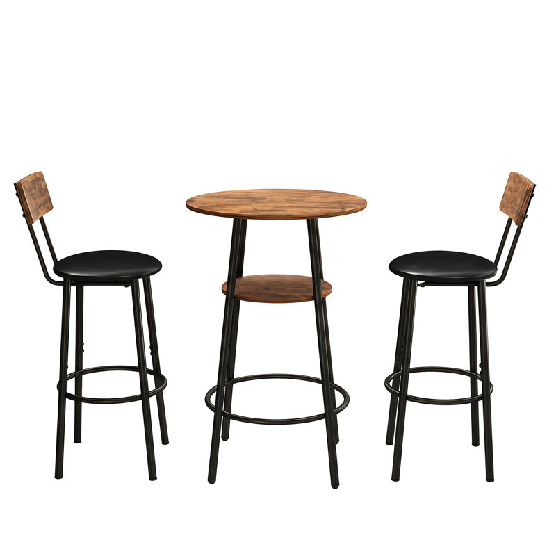 Round Bar Table And Chairs With 2 - Tier Storage, 3 Pieces, Pu Upholstered Stools, Ideal For Kitchen Dining Room, Rustic Brown, Easy To Clean, Quick Assembly Pieces Small 2, , Mid Century Modern