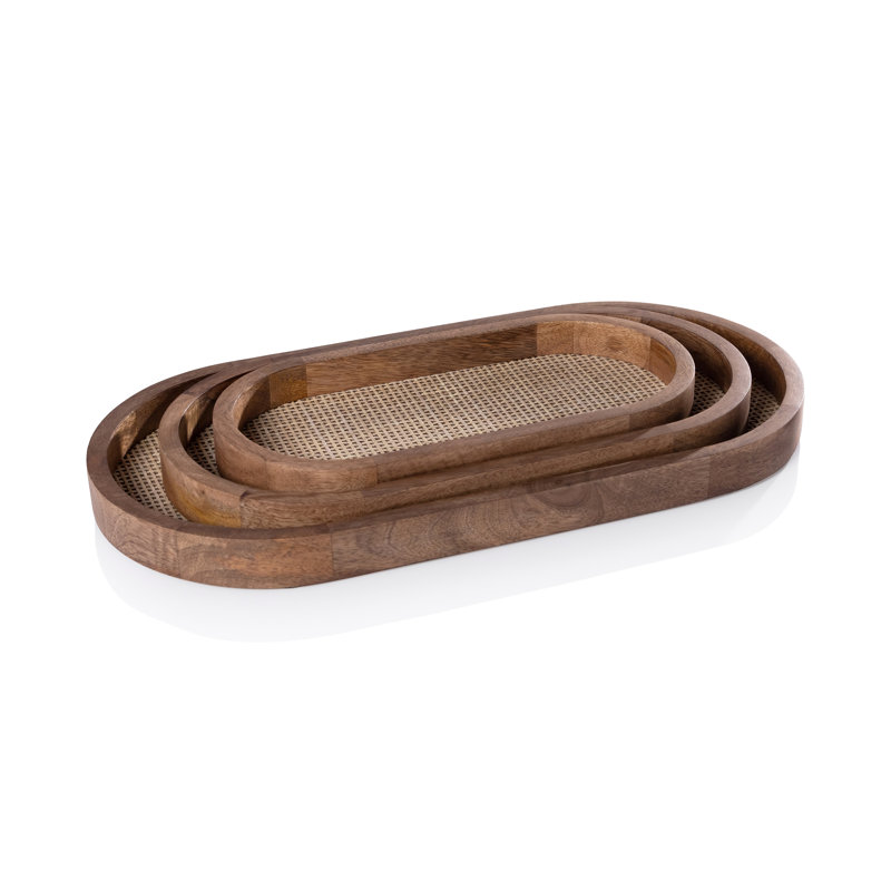 Conferina Mango Wood w/ Rattan Inlay Oval Tray, 1.25" H x 15" W x 7.5" D