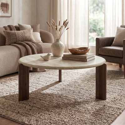 Elodie 42" Round Travertine-Look Top Coffee Table