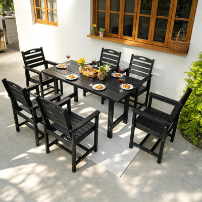 6-Person Outdoor Patio Dining Set with Umbrella Hole, 66.4'' L Rectangular Table With 6 Chairs For Patio, Garden, Porch, Pool