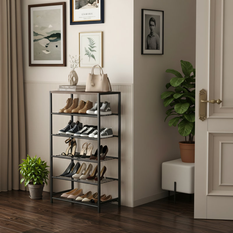 Retro Brown Six-Tier Narrow Shoe Rack, Industrial Style Shoe Tower, Durable Metal Shelves, Suitable For Wardrobe Entrance Small Shoe Rack Table.