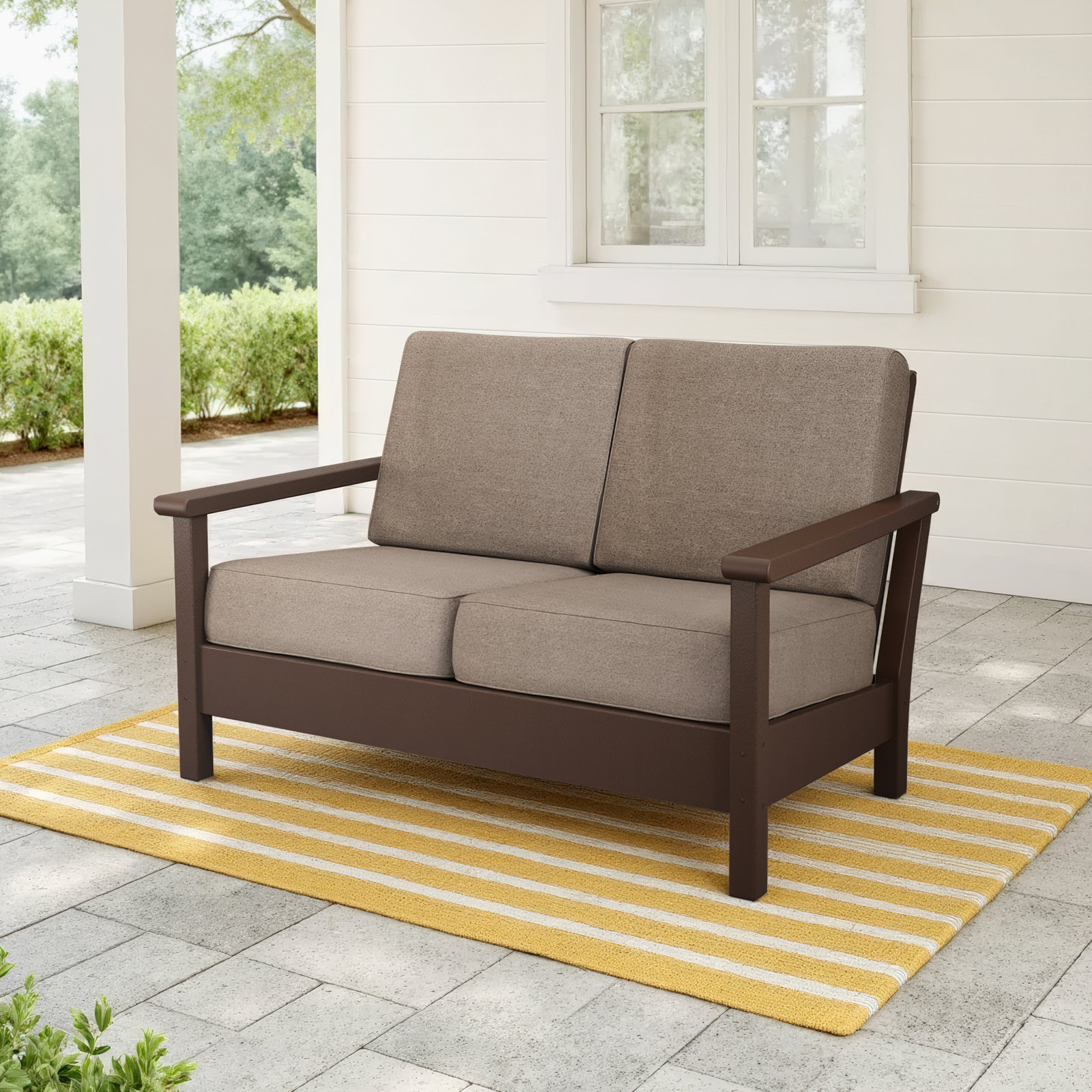 POLYWOOD® Harbour 52" Patio Loveseat, Spiced Burlap, Mahogany