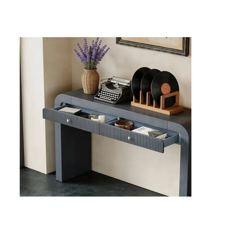Rustic Petya with Fluted Drawer, Curved Corners and Thick Legs for Entryway or Living Room Use., Dark Navy
