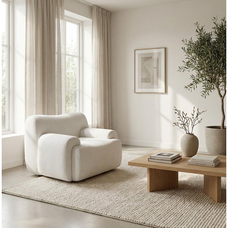 Compression Modern Plush Upholstered Accent Lounge Chair with Curved Arm Deep Cushioned Seat, White