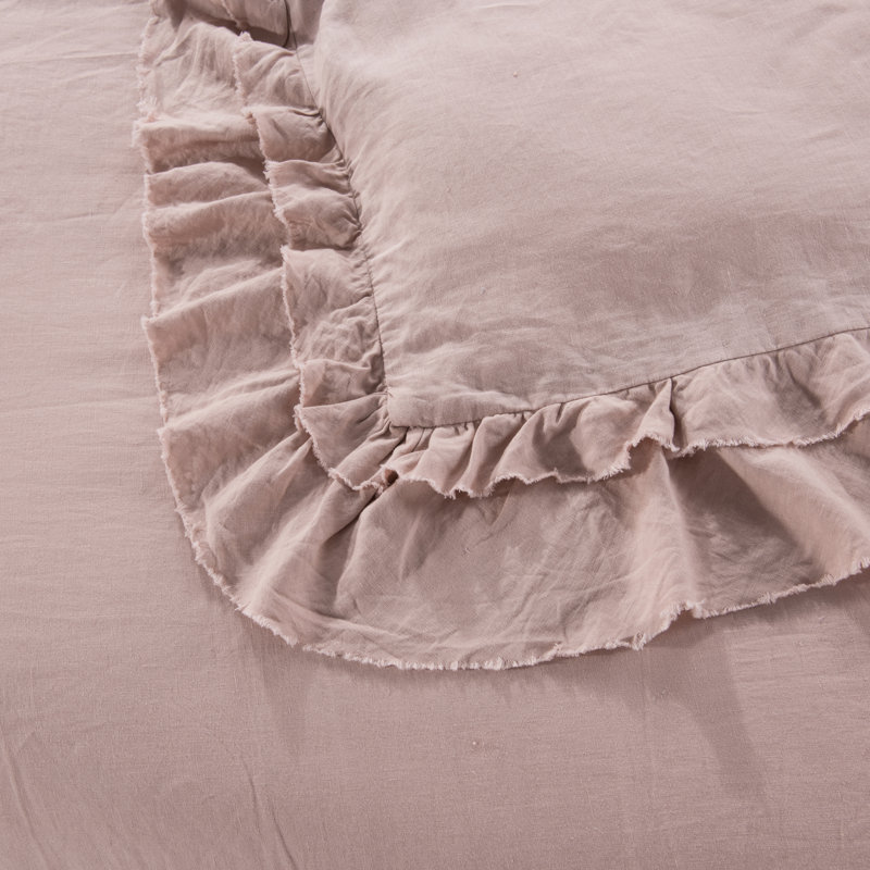 Ensemble de housse de couette en lin délavé à la pierre, Housse de couette grand + 2 taies décoratives, Rose