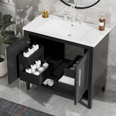 36" Black Bathroom Vanity With Sink, Freestanding Vanity Cabinet With 2 Drawers & Doors, Solid Wood & MDF Vanity With Ceramic Basin (Faucet Not Included)