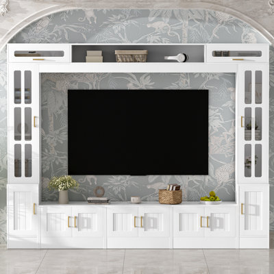 Wall Unit Entertainment Center With 98.4" Width For 80" Tvs, Modern Media Console Cabinets, Glass Doors, Adjustable Shelves And - Tipping Solution W Bookshelves Tv Stand Tempered