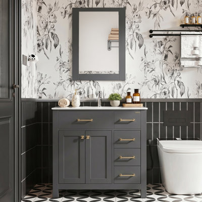 36" Single Bathroom Vanity Set with Sink Top and Mirror, Zinc Alloy Faucet, Painted Wood, Soft-Close Doors, EPA Certified