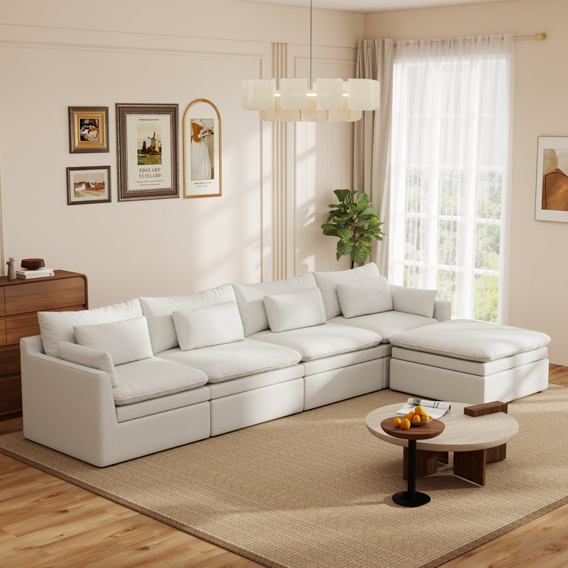 Canapé modulaire 5 pièces à double couche avec repose-pieds, White Polyester Blend, 29.15" H x 156" W x 78" D