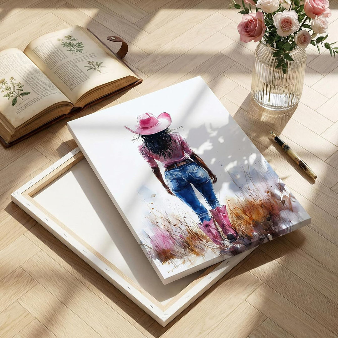 Pink Black Girl Canvas Wall Art Fashion Cowgirl Wall Decor Picture West African American Girl Wilderness Cowgirl Poster Printing For Teen Girls Room P