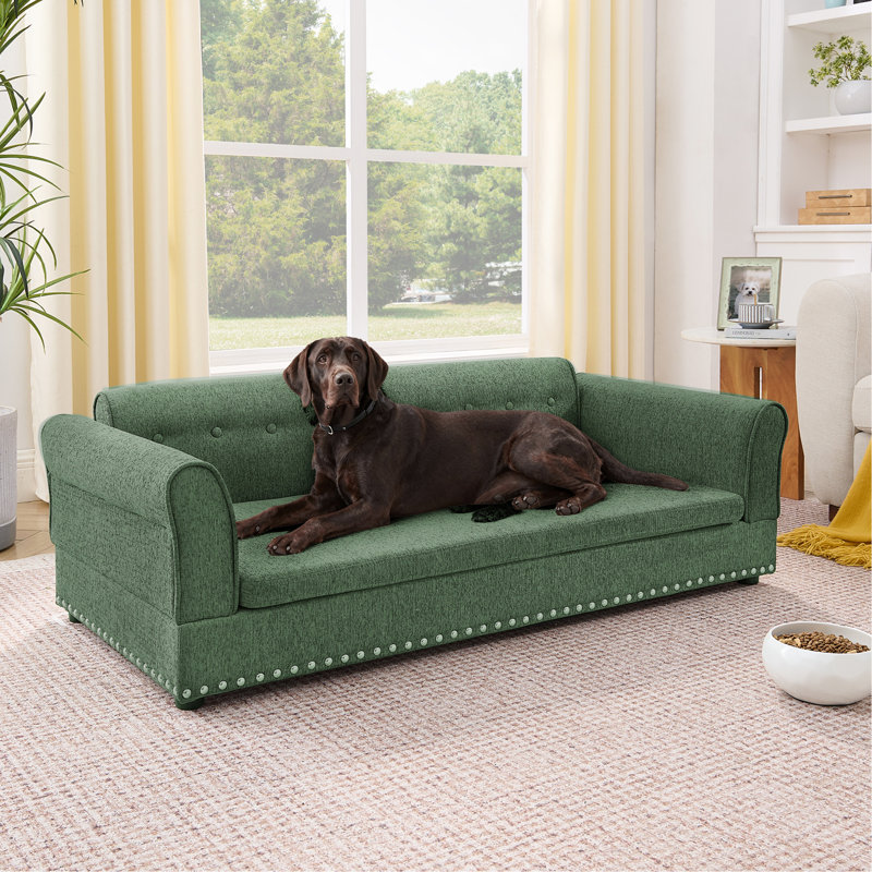 Canapé surdimensionné pour animaux de compagnie, élégant canapé-lit surélevé en tissu de lin moderne, lit pour animaux de compagnie rectangulaire surdimensionné confortable avec dossier et accoudoirs pour grands chiens surdimensionnés - vert olive