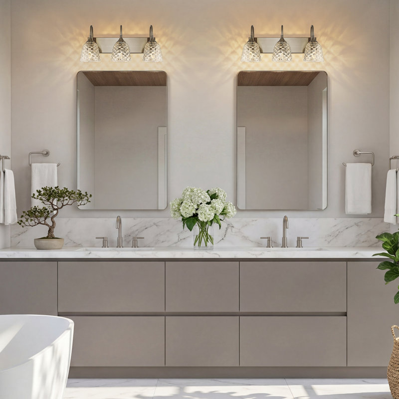 Éclairage de salle de bain à intensité variable 3 lumières avec verre à motif géométrique, Brushed Nickel