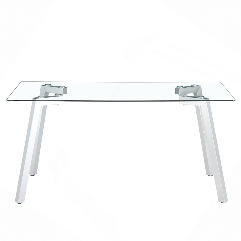 A Modern Minimalist Rectangular Glass Dining Table With Tempered Glass Tabletop And Silver Metal Legs, Suitable For Kitchens, Restaurants, And Living Rooms,63"*35.4"*30"