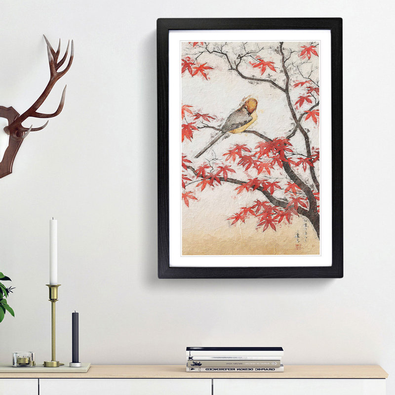 Bird In Autumn by Toshi Yoshida - Single Picture Frame Painting, 45cm H x 33cm W x 2cm D, Black Framed