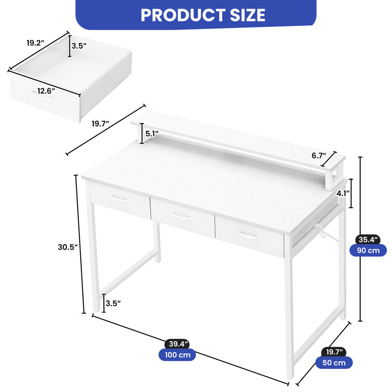 Bureau d'ordinateur à 3 tiroirs avec plateforme pour écran surélevé, Blanc / blanc, H 35,40 po x l 39,40 po x P 19,70 po