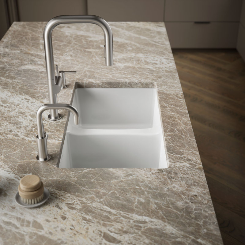 Deerfield 33" L x 22" W Double Basin Drop-In Kitchen Sink with Accessories, White, 5 Hole