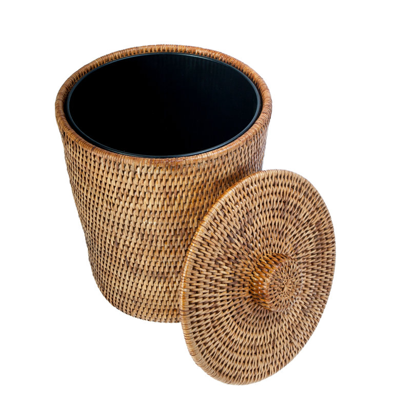 Everard Wicker/Rattan Manual Lift Trash Can, Honey brown
