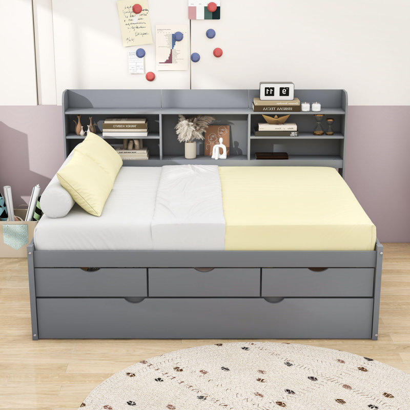 Lit capitaine en bois 3 tiroirs avec lit gigogne simple et tablettes, Gris clair