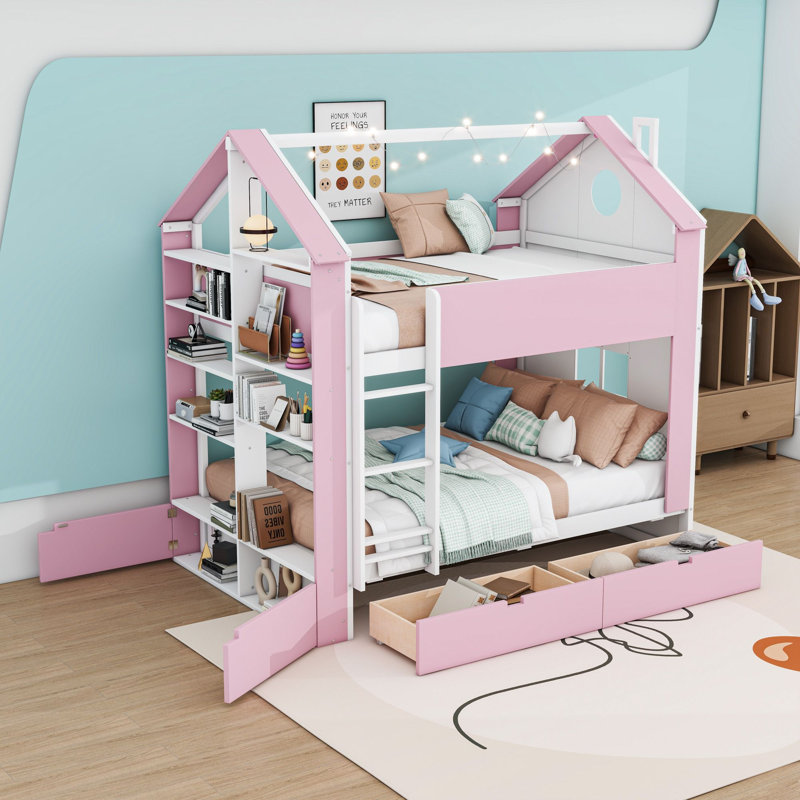 Lit superposé double au-dessus de double avec tiroirs de rangement intégrés, tablettes et éclairage DEL, Rose blanc