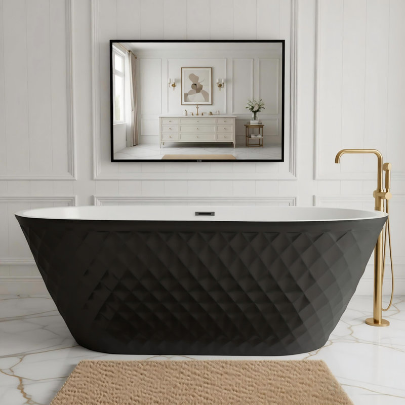 Baignoire autoportante en acrylique de 67 po avec motif à losanges unique: forme ovale spacieuse, finition noire, trop-plein en nickel brossé et bonde escamotable 