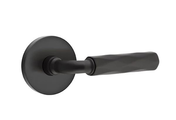 Mortaise intérieure de passage Emtek Select avec rosette à disque et tige R-Bar, levier Tribeca, Gauche, Dos plat